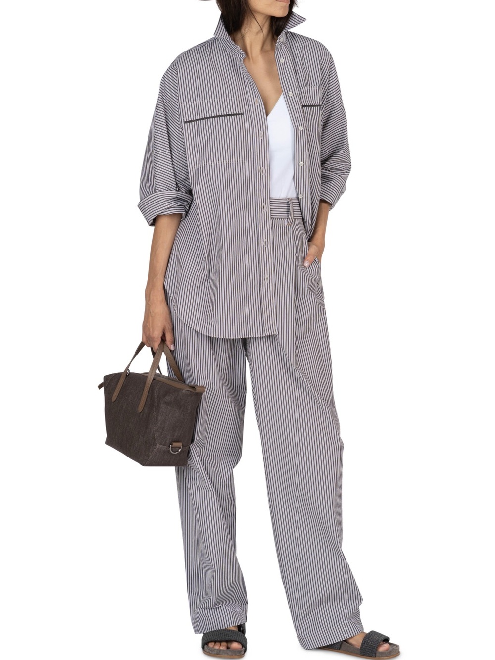 Brunello Cucinelli Chocolate Pinstripe Cotton Shirt - Medium